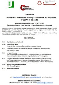 03 05 2018 Prepararsi alla nuova Privacy: conoscere ed applicare  il GDPR in azienda